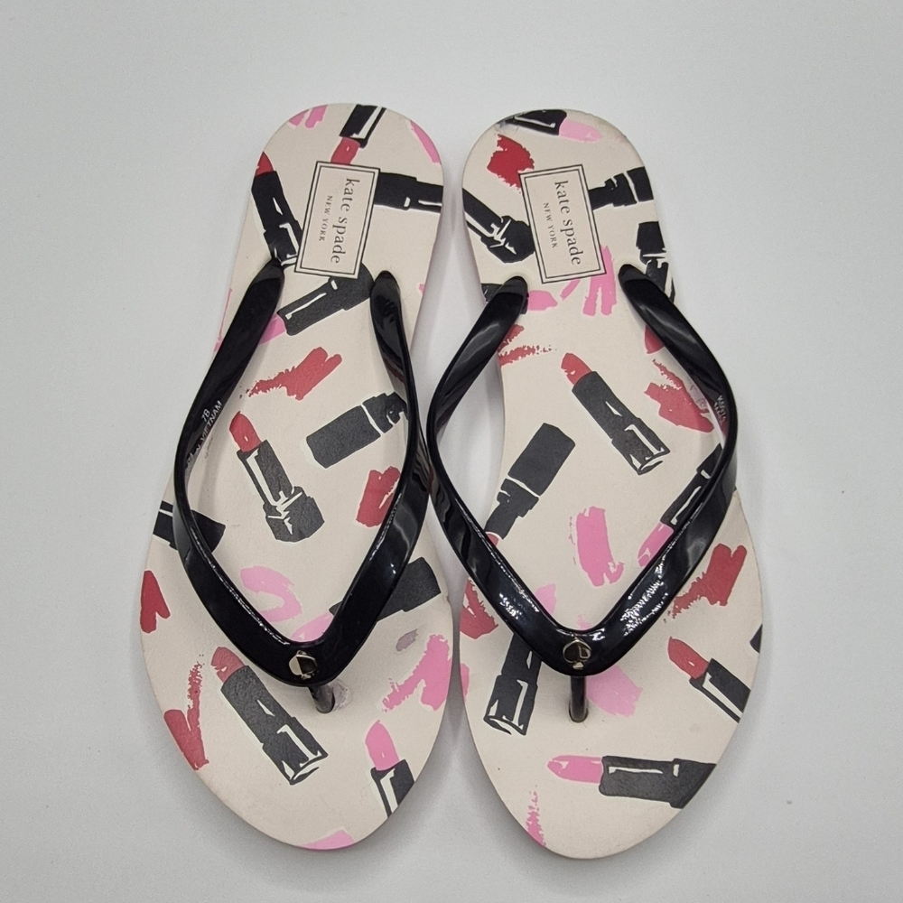 kate spade Black Strap Flip Flops with Pink & Red Lipstick Motif